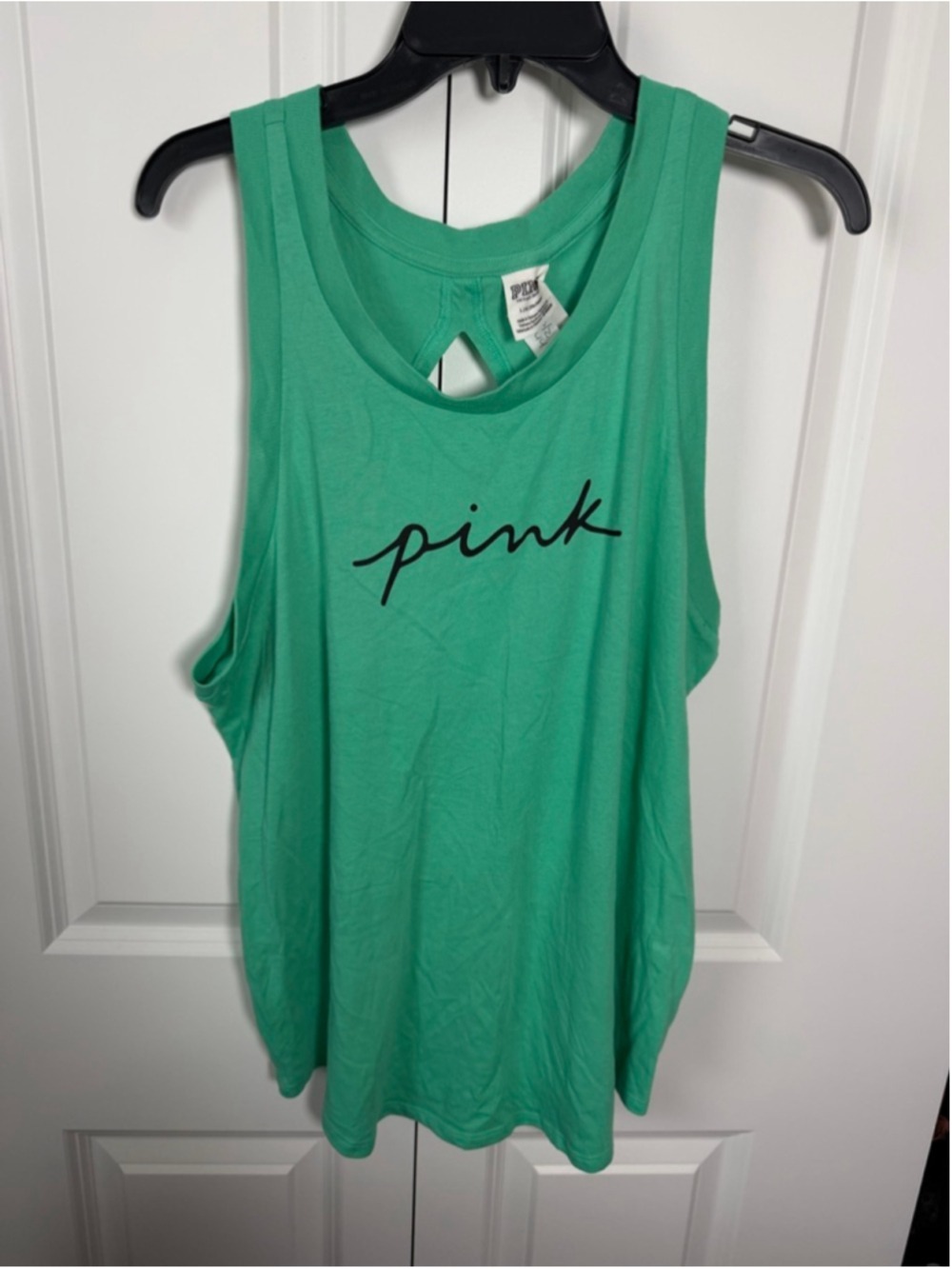 Women's PINK Victoria's Secret Green Tank Top with Black Logo, Size L EUC